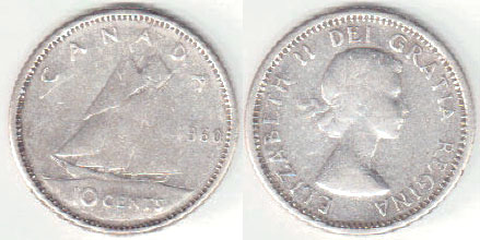 1960 Canada silver 10 Cents A003804